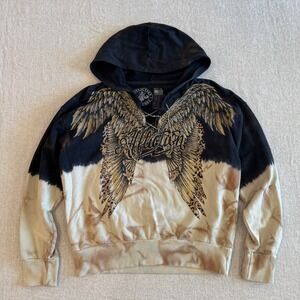 Affliction Live Fast Wings Hooded Rhinestones Lace Up Sweatshirt Hoodie Size Med